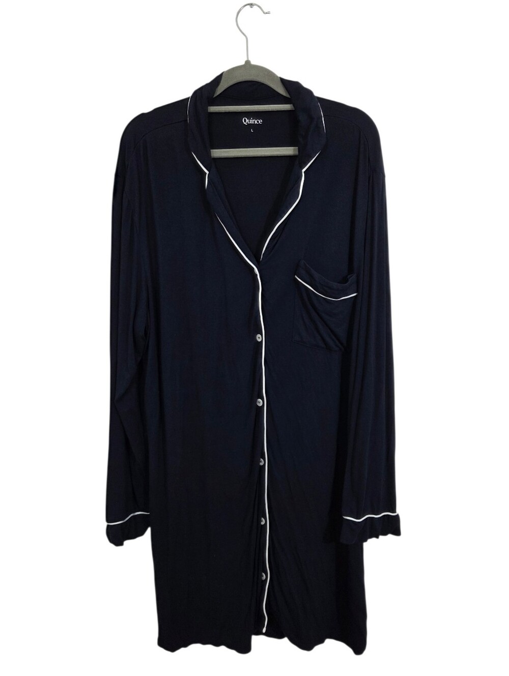 Quince Bamboo Jersey Sleep Shirt Navy Blue Button Front Nightgown Large Comfy